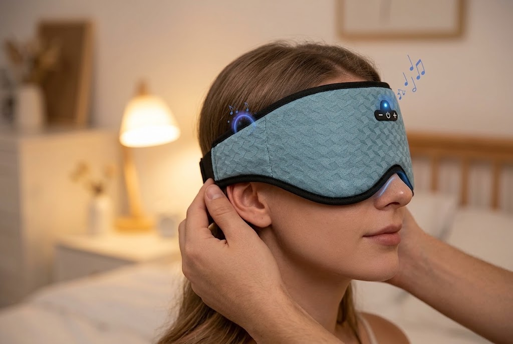 Woman wearing 3D contoured sleep mask with adjustable strap