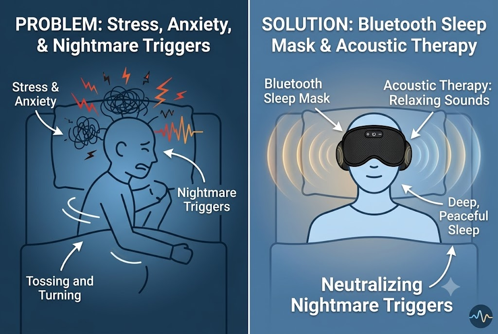 sleeping comfortably wearing a custom bluetooth sleep mask for stress relief and deep REM sleep
