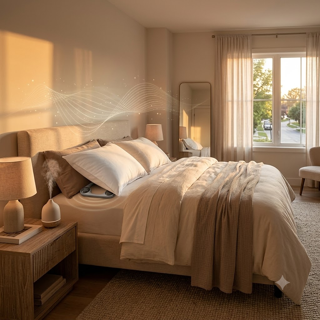 Private label under-pillow speaker under a pillow in a modern bedroom setting