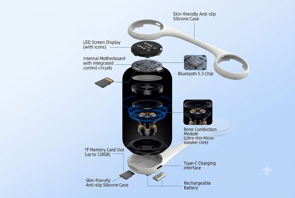 Technical breakdown of a bone conduction under-pillow speaker showing internal Bluetooth chip and audio modules