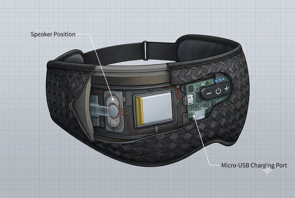 3D sleep mask internal speaker placement and Bluetooth firmware structure