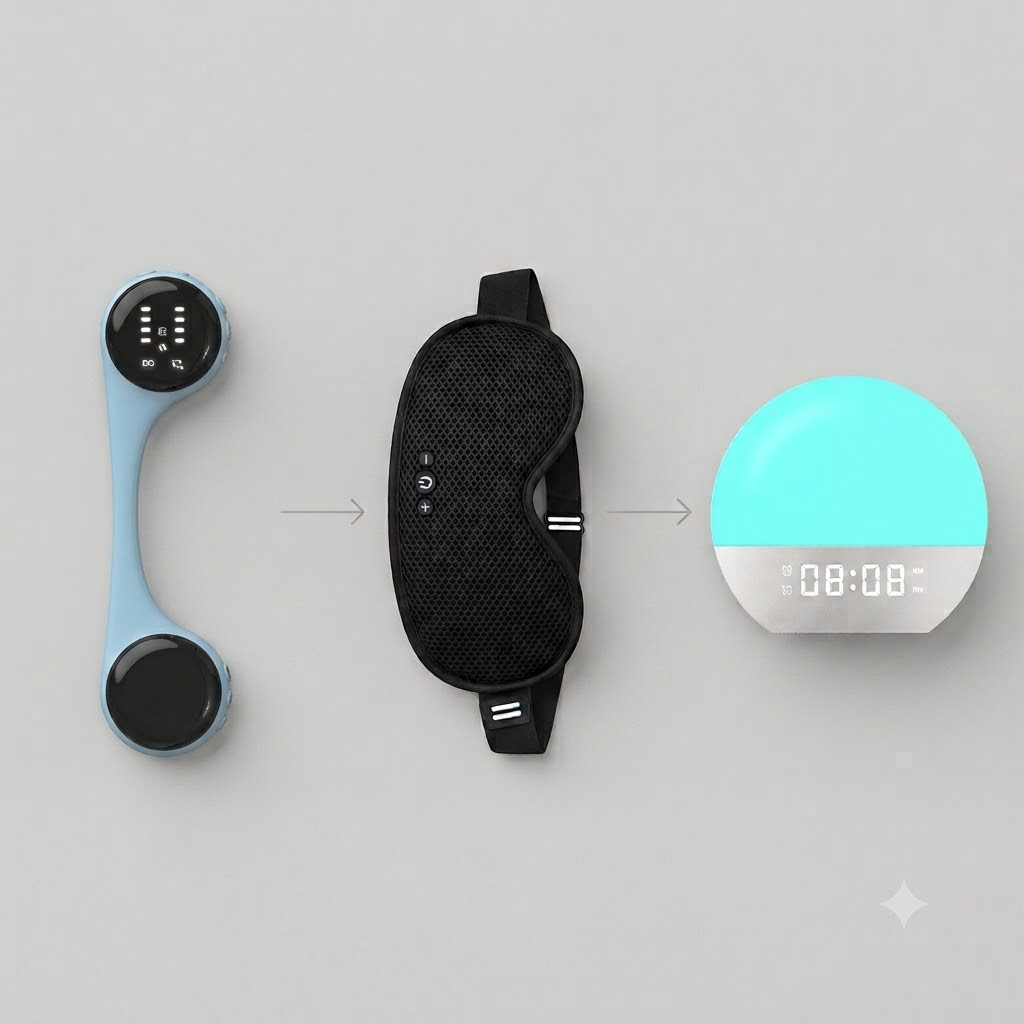 sleep mask bone conduction speaker wake up light bundle flat lay for private label
