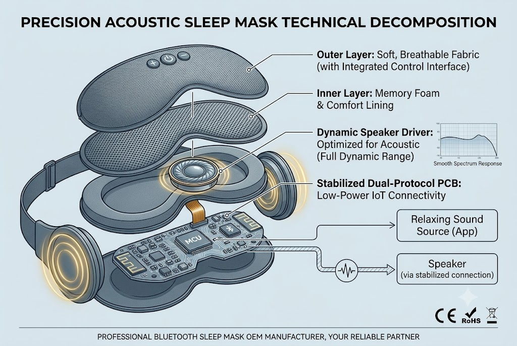 Exploded view of ultra thin speakers and washable fabric inside custom bluetooth sleep mask