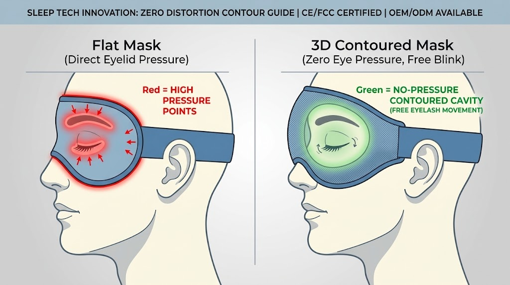 Diagram comparing flat sleep mask pressure points vs 3D contoured eye cavity design