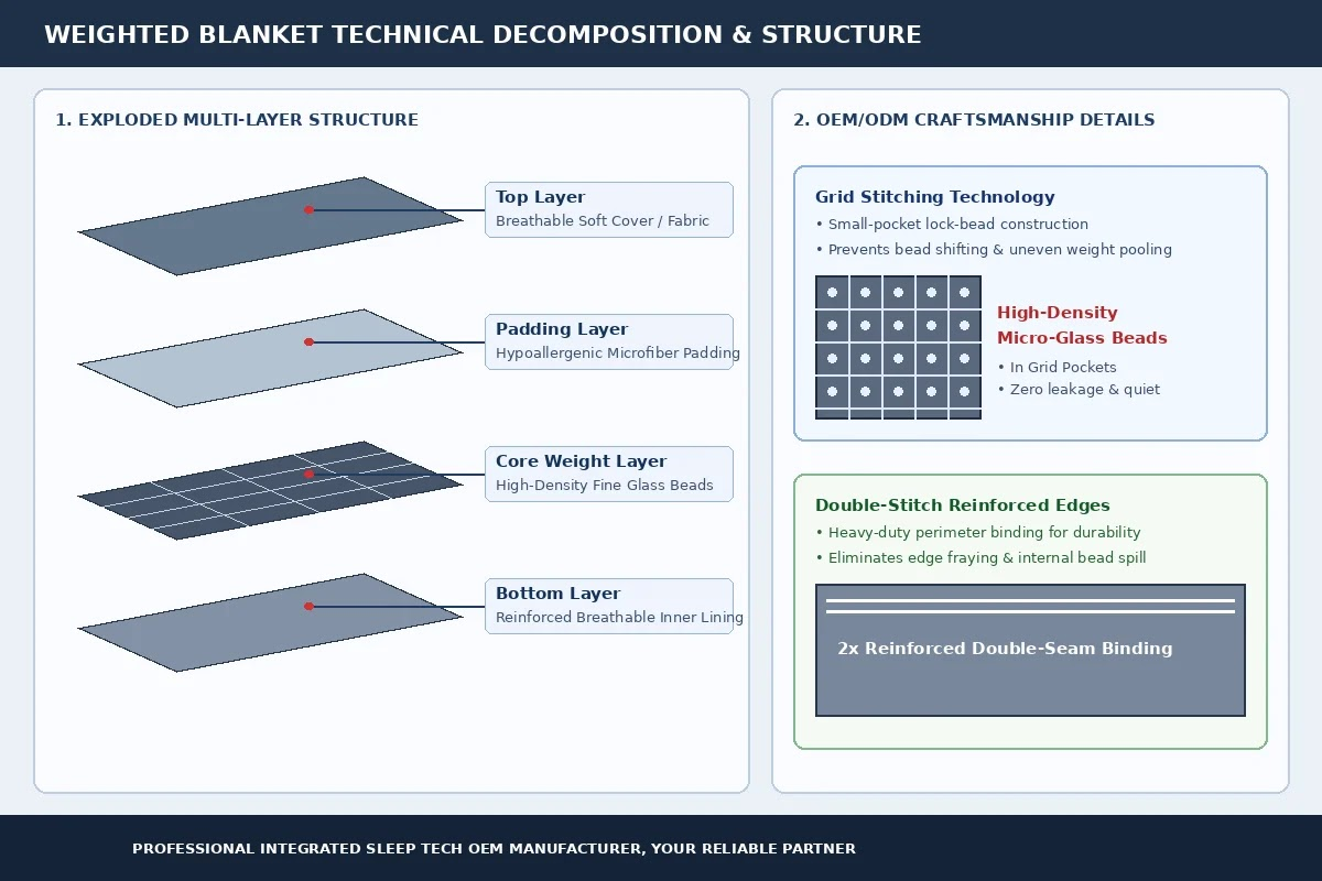 Exploded view diagram of weighted blanket multi-layer structure featuring grid stitching technology, micro-glass beads, and double-stitched reinforced edges for OEM manufacturing