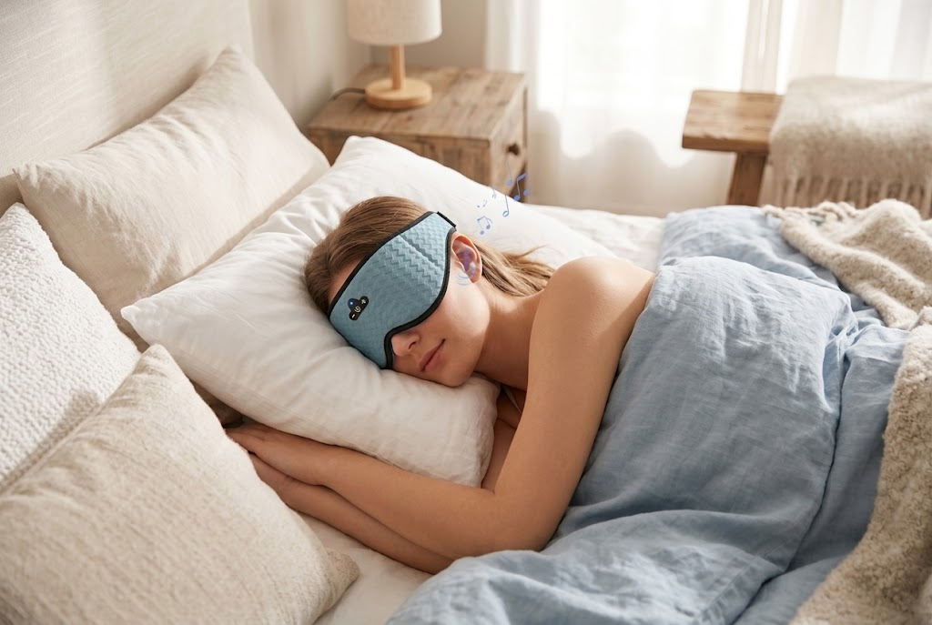 Side sleeper wearing low-profile contoured sleep mask in bed
