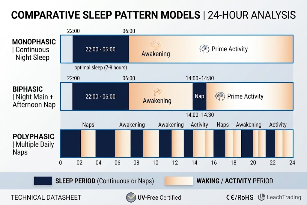 monophasic biphasic polyphasic sleep pattern comparison diagram
