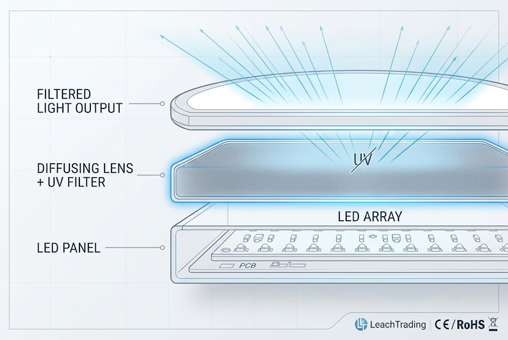 sunlamp internal structure LED panel diffusing lens diagram