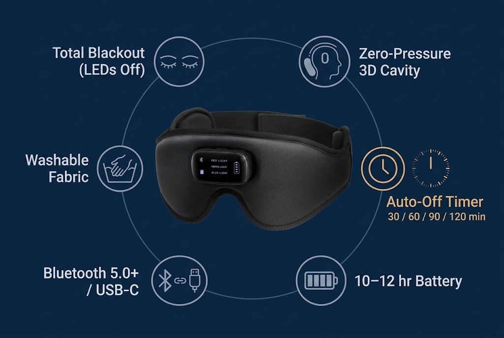 light therapy sleep mask features checklist blackout LED Bluetooth battery